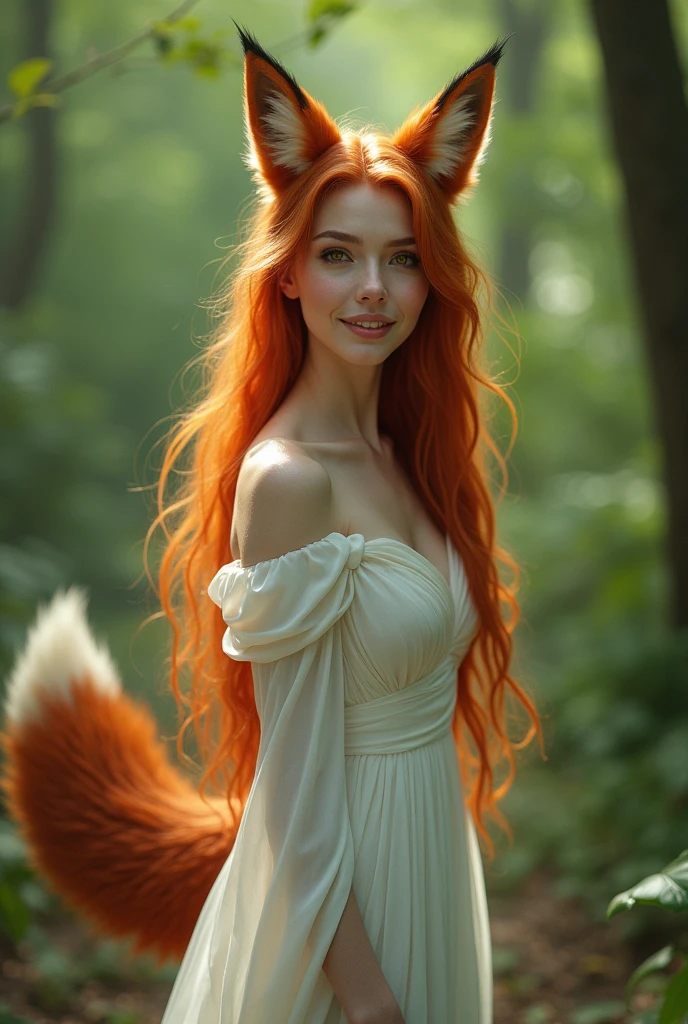 (raw photo, best quality) , (Realistic, photo-realistic: 1.4), extremely formidable overall plan, masterpiece, ultra-detailed, high resolution, best illustration, best shadow, complex, depth of field, very beautiful white woman with bewitching beauty, (style realistic), she has long red hair with light brown eyes, she has a single beautiful fox tail, and beautiful medium-sized fox ears ((she does not have human ears)), she wears a long fine white dress, she has a beautiful radiant smile, it is in a green forest, General shot, Photorealist style 8k, DSLR, high quality, (film grain: 1.4), Fujifilm XT3,