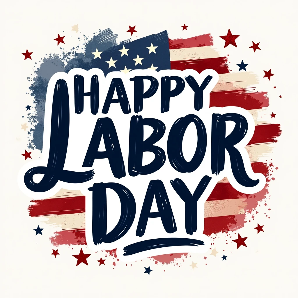 a beautiful design of labour day in USA. use white, red and blue colors on the entire design including the fonts and objects. Write on it "happy labor day".
