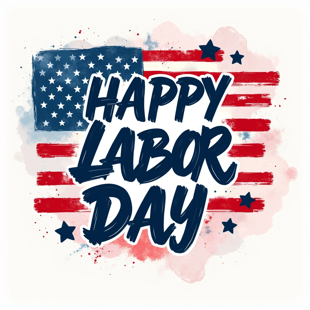 a beautiful design of labour day in USA. use white, red and blue colors on the entire design including the fonts and objects. Write on it "happy labor day".