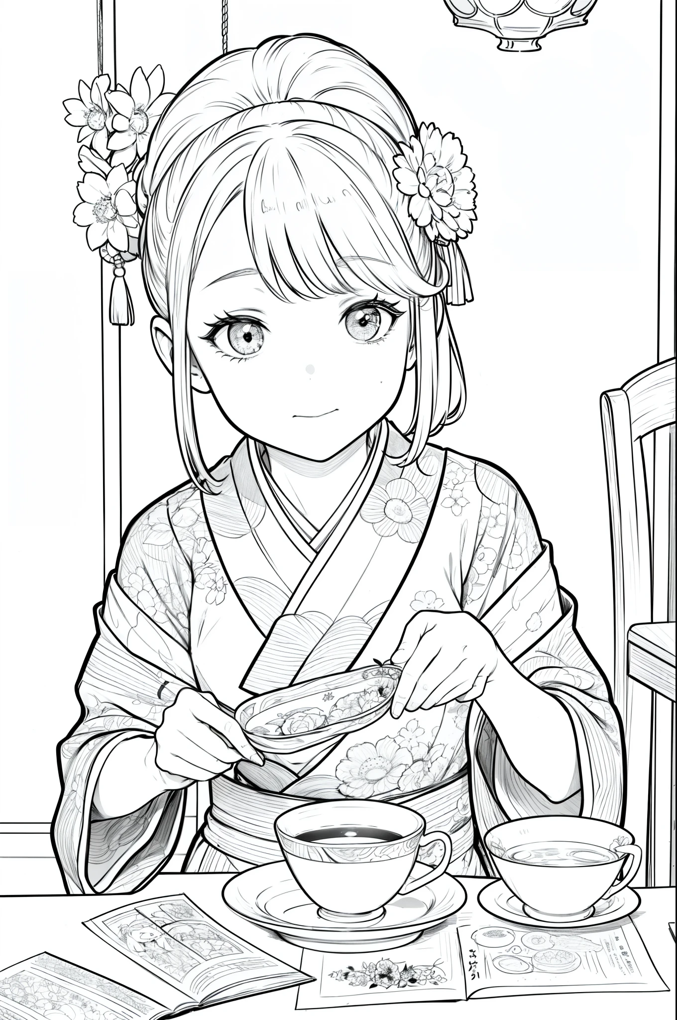 Masterpiece, top class, unique, cute, flowers, line drawing background, white background, monochrome, line drawing, ((sketch)), creepy, white eyes, create a monochrome coloring book that even adults can easily do, a realistic and cute ukiyo-e of a girl in a kimono playing rock-paper-scissors with a tea room in the background where a hanging scroll can be seen, and small plates and tea bowls with sweets on them are lined up on the table, conveying Japanese culture.