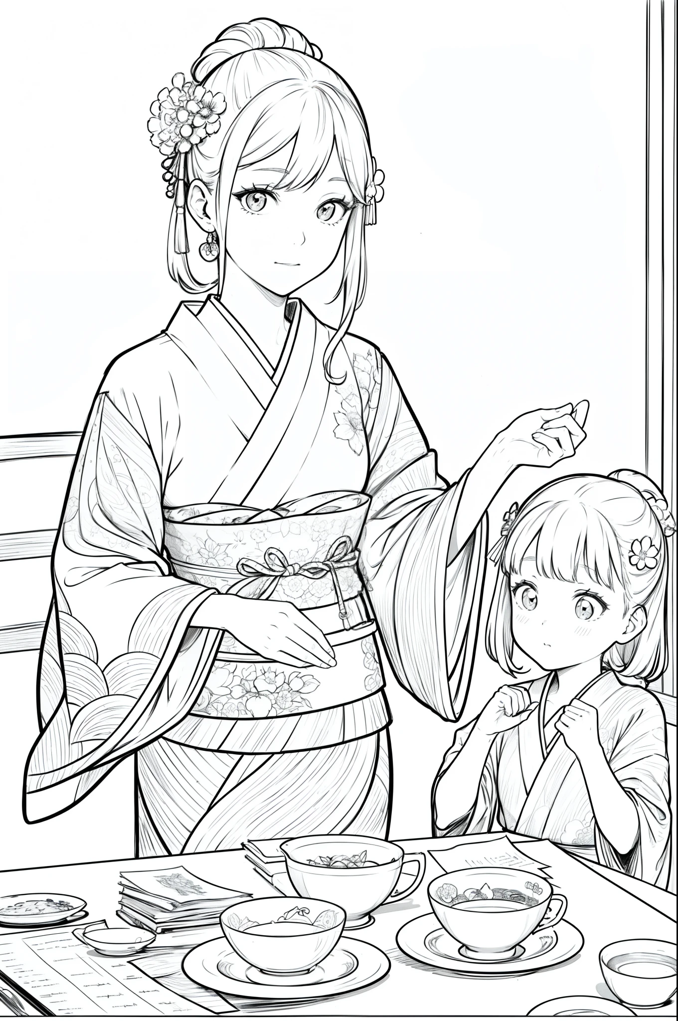 Masterpiece, top class, unique, cute, flowers, line drawing background, white background, monochrome, line drawing, ((sketch)), creepy, white eyes, create a monochrome coloring book that even adults can easily do, a realistic and cute ukiyo-e of a girl in a kimono playing rock-paper-scissors with a tea room in the background where a hanging scroll can be seen, and small plates and tea bowls with sweets on them are lined up on the table, conveying Japanese culture.