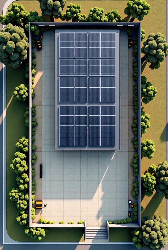 Draw a rectangular plot of land 12 meters wide and 25 meters long., walled up, paved. Use a specific color or pattern to indicate the paved area. Draw a Rectangle Shed Size: 8 x 15 meters, leaving an office space. Place the shed on a part of the property that allows a clear entrance and surrounding areas for access and handling.. Place Solar Panels on the entire Shed Roof in a modern and clean style, use uniform rectangles and a pattern 