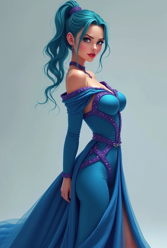 (masterpiece, best quality), 1girl, grey eyes, slicked back hair, floor length hair, blue elaborate dress, long sleeves, floor length skirt, cyan hair, big ass, small breasts, smug smile, very short height, smug look, cut in dress from hip to floor, dress has purple trimmings