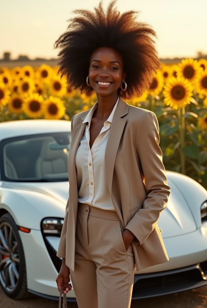 Create an image of a rich woman in business attire with a white Porsche car next to her, brown skin, big curly afro hair, beautiful smile in a bright sunflower field 