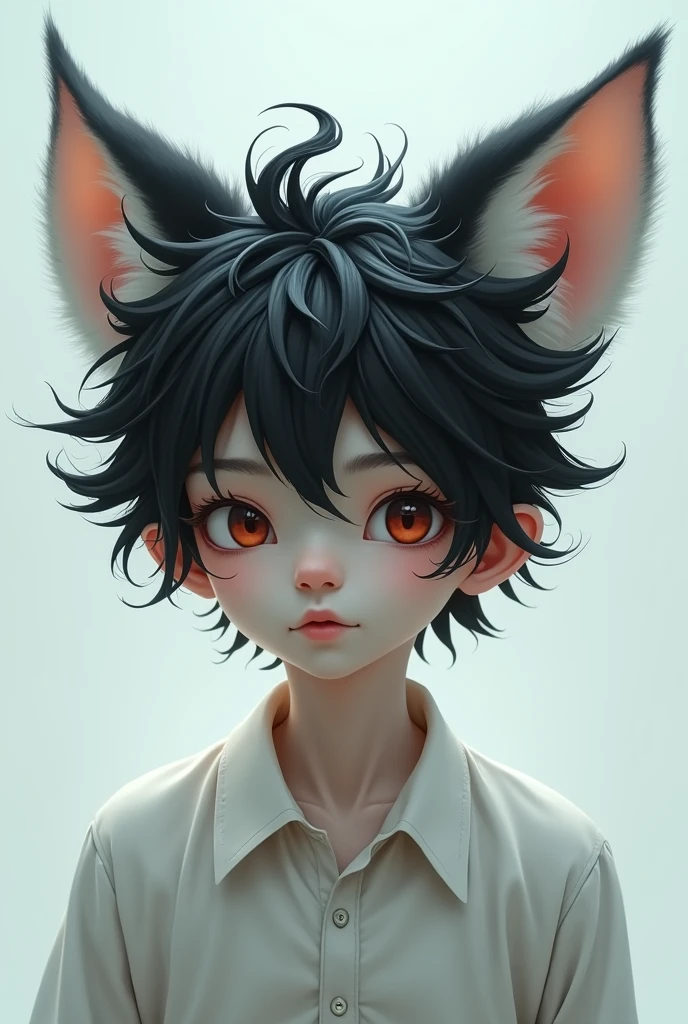 Generate an image of a man with black and white messy hair, fluffy ears and white skin tone .
