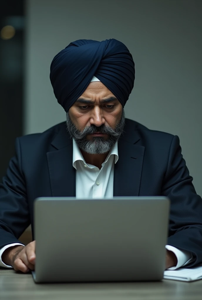 Sad Sardar wearing formal attire and looking at laptop