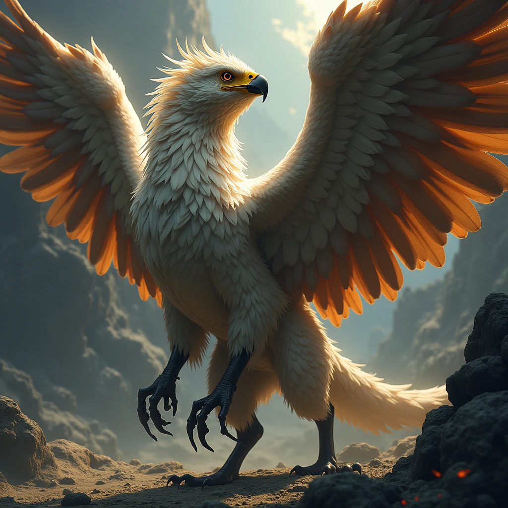 highly detailed fantasy griffon, Jean Giraud "Moebius" "Arzak" style, detailed feathers, intricate wings, striking pose, cinematic lighting, dramatic atmosphere, digital painting, photorealistic, 8k, best quality
