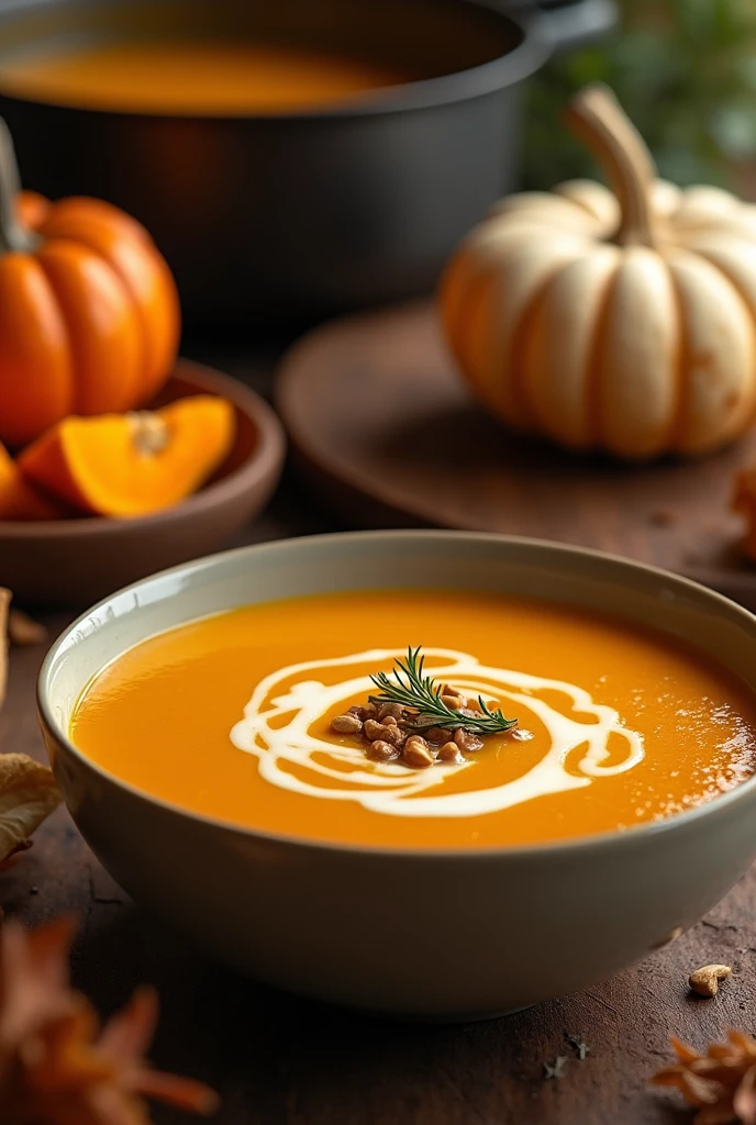 Pumpkin and Ginger Soup: Creamy soup made with roasted pumpkin, fresh ginger, onion and garlic, seasoned with cinnamon and nutmeg..