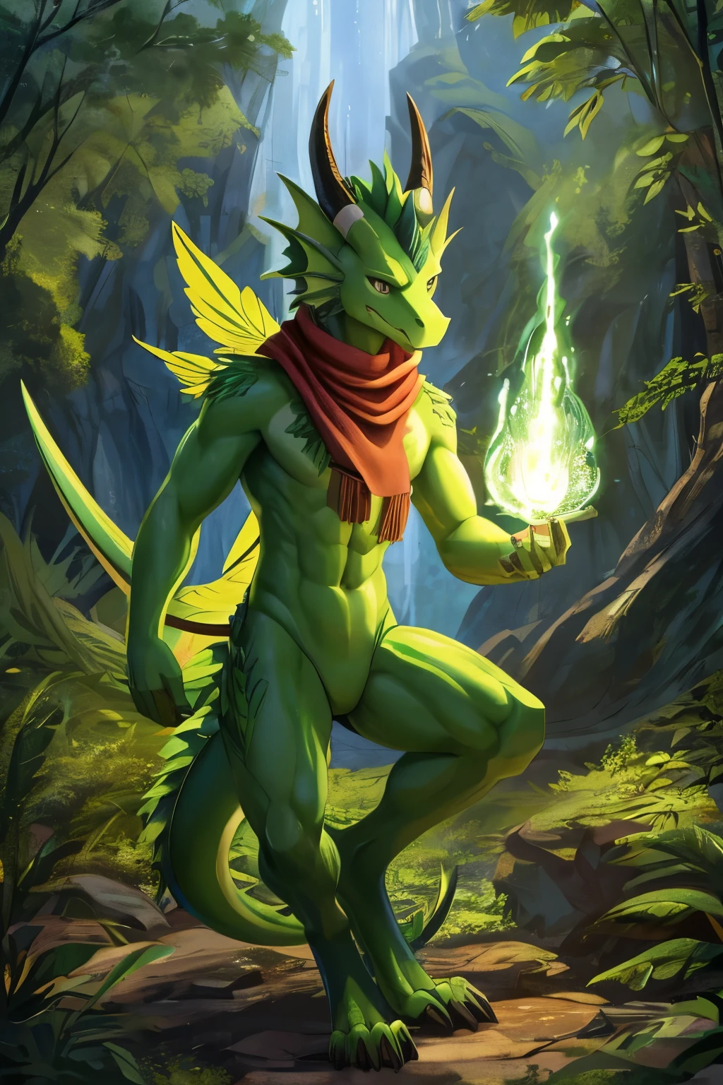 (anime), (front facing), (looking at the camera), slim furry green and lime dragon using old magic, green main body color, smooth skin, very long muzzle, neck and tail fur, digitigrade, creative horns, feathers, gradients, (wearing only a scarf), nature background, full body
