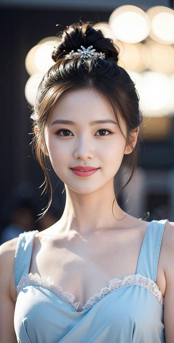 Faceless,Stand on stage and sing,Blue long skirt,With lots of ruffles,A woman,Highest image quality, high quality, Clear background,Beautiful woman, Japanese, detailed, detailed eyes, detailed skin, Beautiful Skin, 超high resolution, (Reality: 1.4),非常Beautiful woman, Slightly younger face, Beautiful Skin, slim, (Hyper-photorealism), (high resolution), (8K), (Very detailed) (Beautifully detailed eyes), (Very detailed), (detailed face), View Viewer, Fine details, detailed face, Look straight ahead, Look straight ahead, Photo-realistic, Bright Lights, Professional lighting, Black Hair,Ponytail,a baby face,Thirty-five years old,发型是Ponytail辫,长Ponytail发型, Natural large breasts,Smile,Dress neatly,Beautiful Japanese KPOP idol photo, 发型是Ponytail辫, My eyes are big and heavy, baby face, 微笑并Look straight ahead, slim, Small Breasts,Close-up face,A blue ribbon on the head,