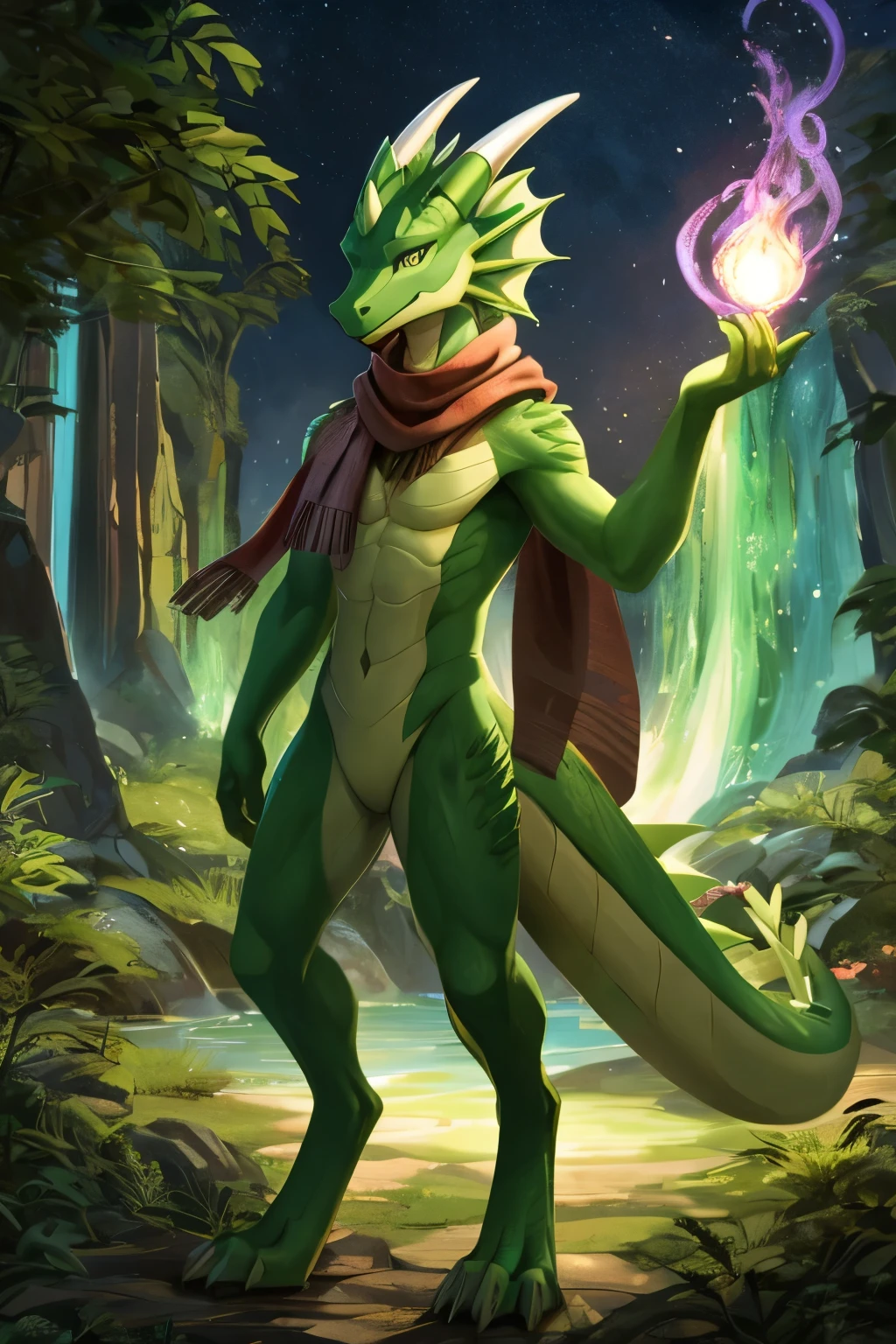 (anime), (front facing), (looking at the camera), slim furry green and lime dragon using old magic, green main body color, smooth skin, very long muzzle, neck and tail fur, digitigrade, creative horns, feathers, gradients, (wearing only a scarf), nature background, full body