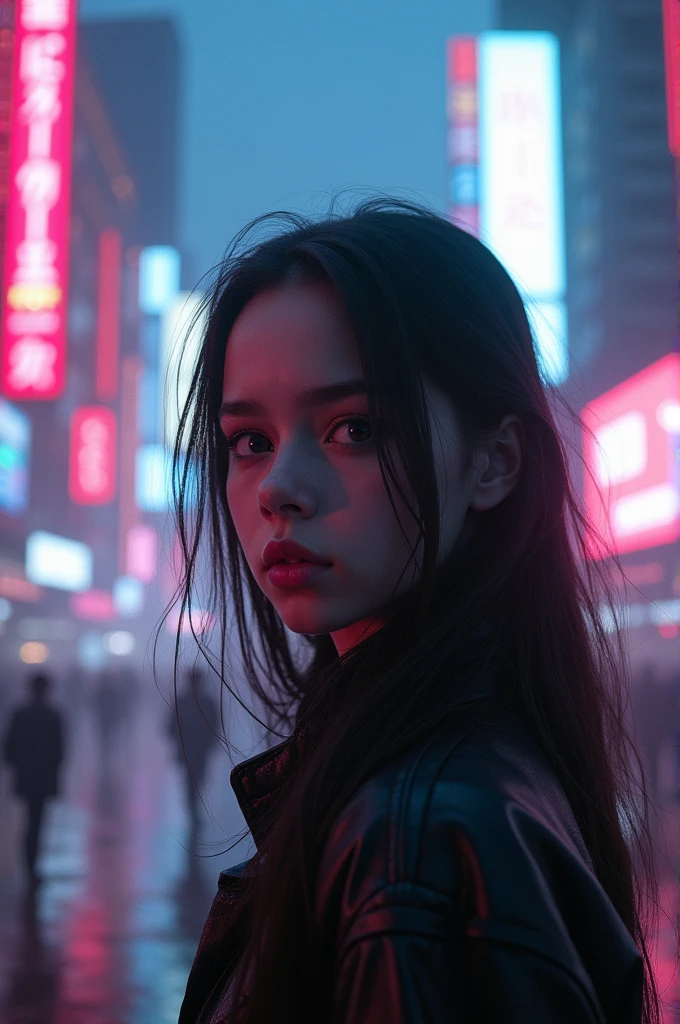 Russian young girl in neon city with pink and blue light with fog