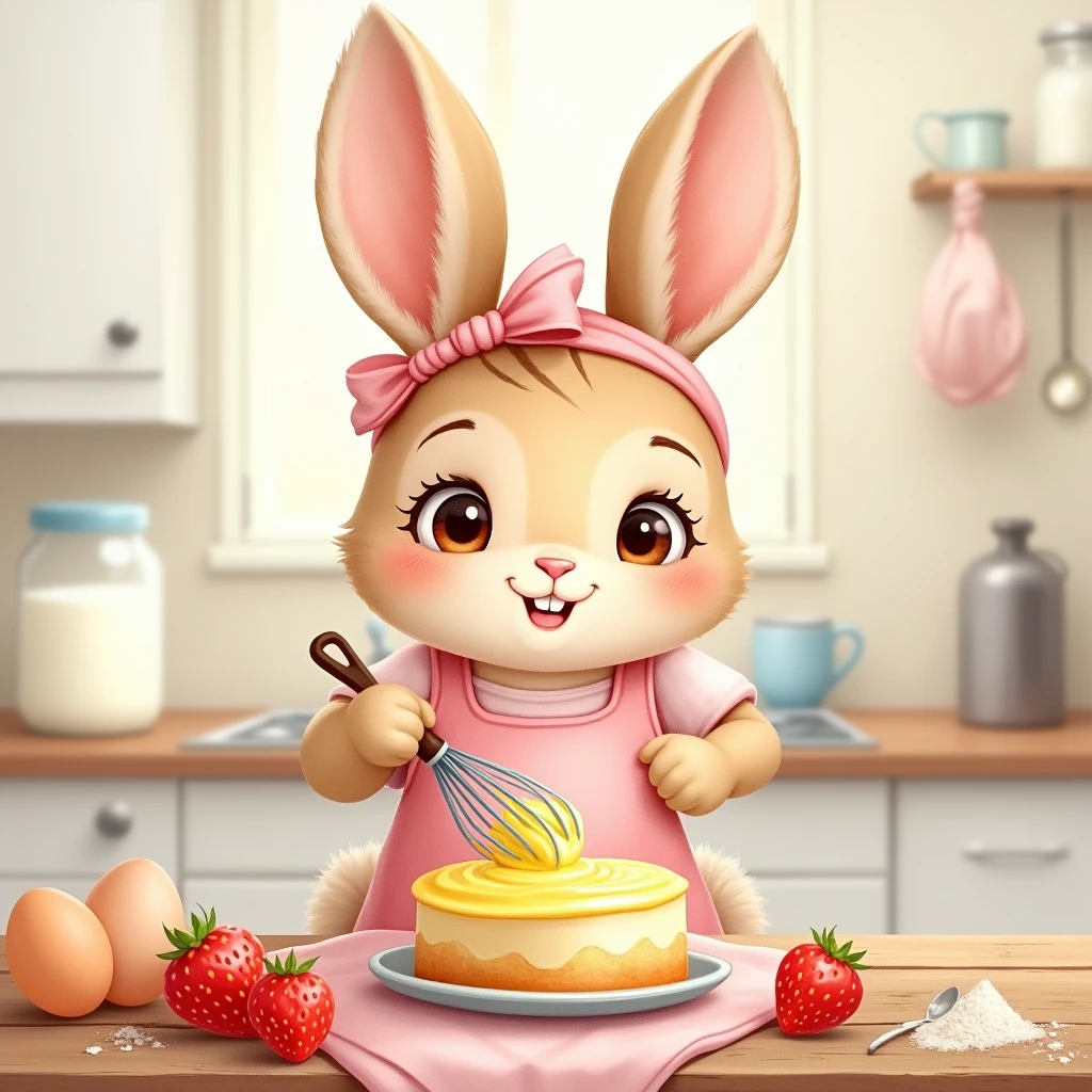 light brown bunny, female, big brown eyes, eye lashes, wearing pink apron, whisking yellow cake batter, simple kitchen bokeh background, baking, watercolor style, peter rabbit style, wearing pink headband, sweet bunny face, pink cheeks, eggs on the table, flour jar on the table, milk on the table, bunny ears up, happy face, smile, ears fully visible, eyes looking at the cake batter, strawberries on the table, make the scene wide