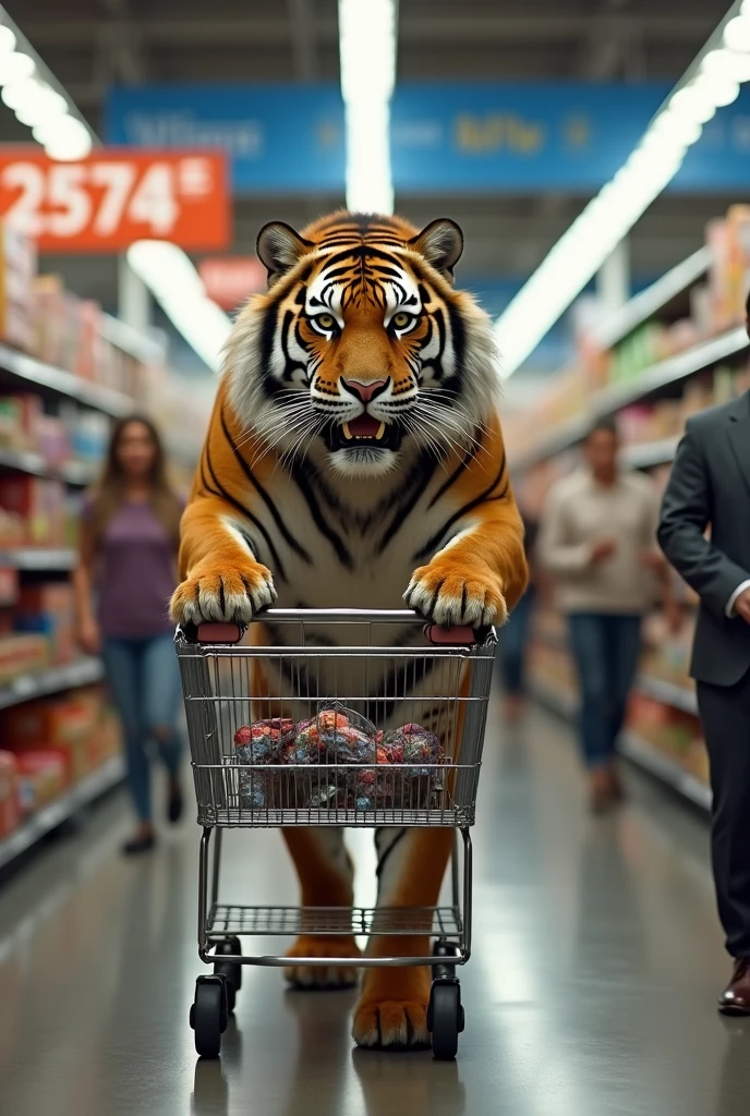 Tiger as a wallmart customer with a trolley 