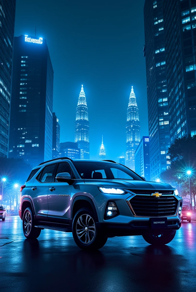 Indian Chevrolet tavera with down town background at night with blue neon lights car model 2015