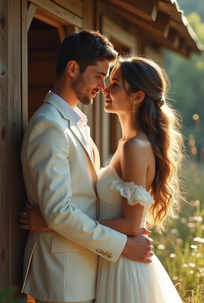 White dress couple in front view background wood