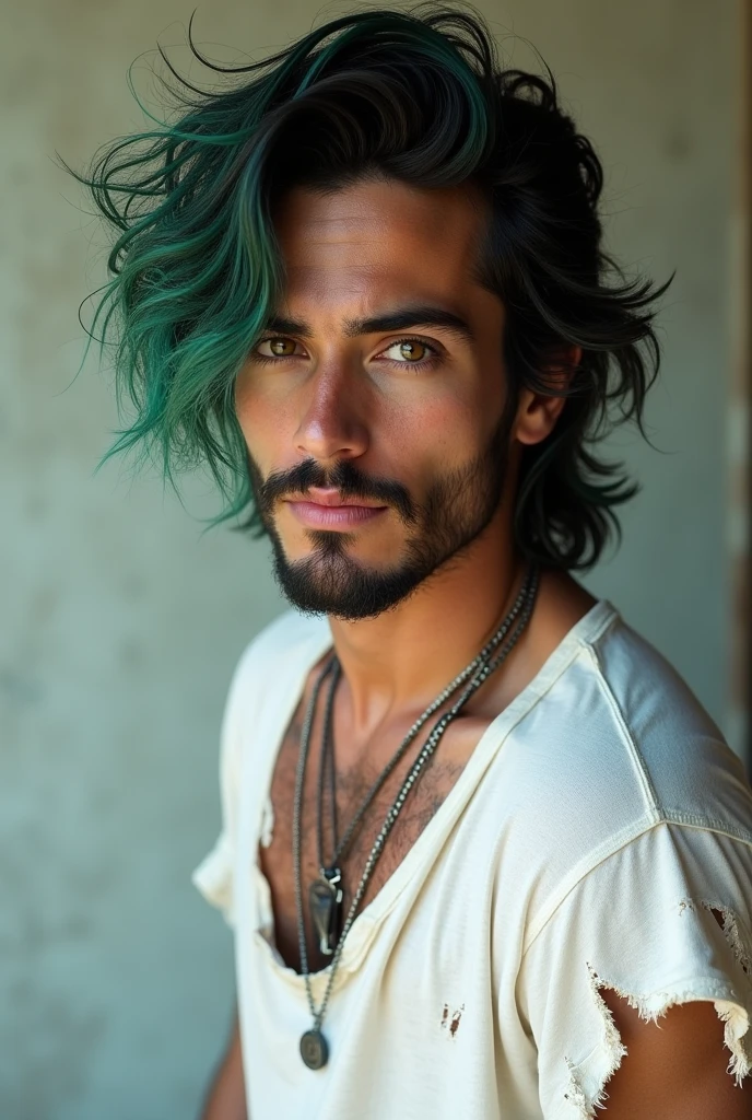 handsome young guy, dressed in a torn white T-shirt, he has brown eyes, he has long black hair with a green tint, rocker, beard