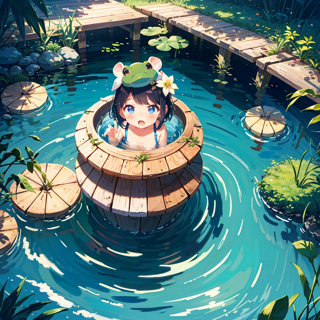 {{{Masterpiece, highest quality, high resolution background}}}, bright and beautiful atmosphere, 1 girl (, round face, baby face), small breasts, vast rice field and ripe rice ears, girl with many rice ears, A mini-pig with a frog on its head, ``Deltamon_sdXL'' :0.73)>Deltamon'' A mini-pig swimming energetically in the sea approaches.
