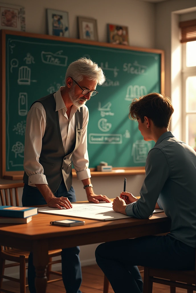 Professeur assis avec l'élève au tableau,  cours de renforcement à domicile