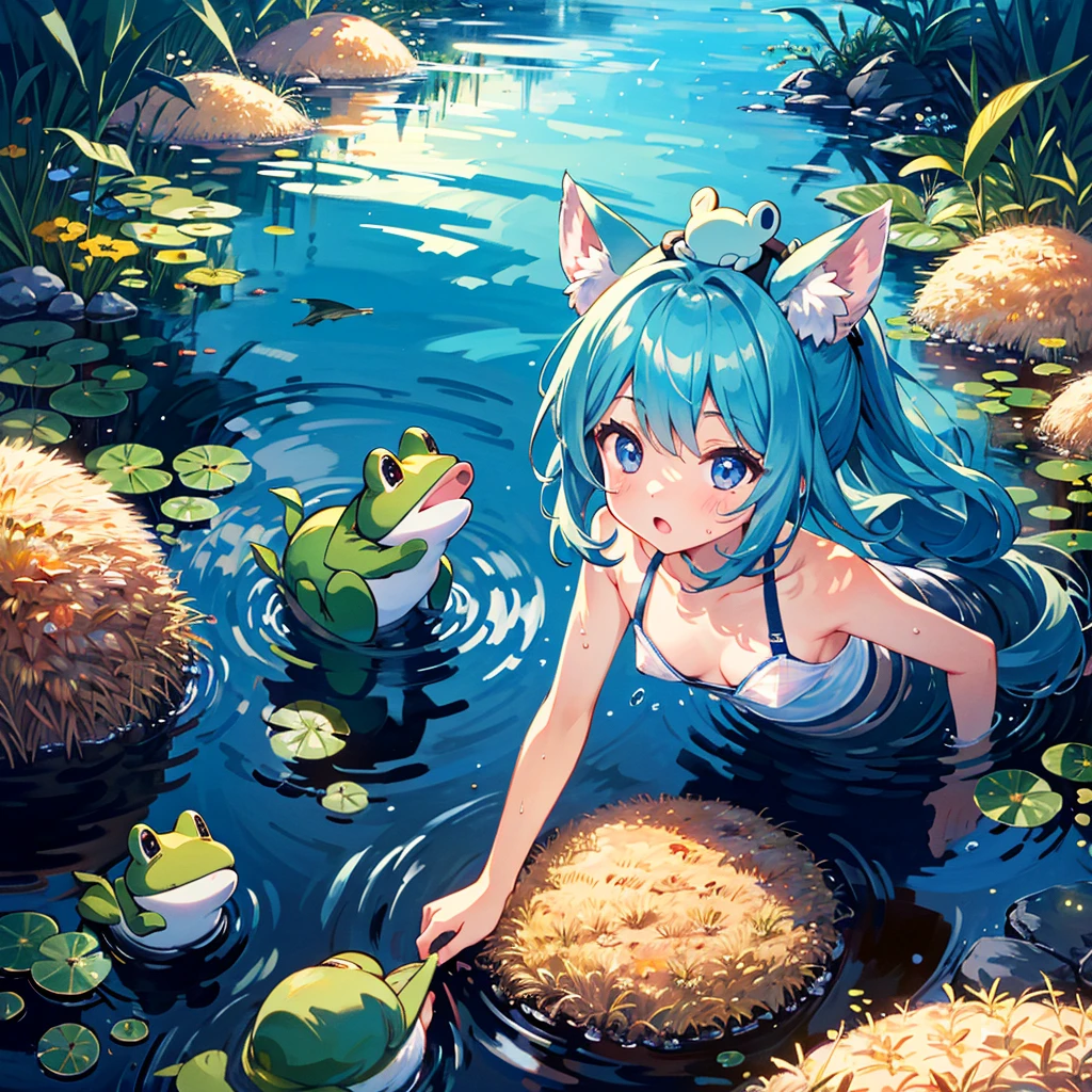 {{{Masterpiece, highest quality, high resolution background}}}, bright and beautiful atmosphere, 1 girl (, round face, baby face), small breasts, vast rice field and ripe rice ears, girl with many rice ears, A mini-pig with a frog on its head, ``Deltamon_sdXL'' :0.73)>Deltamon'' A mini-pig swimming energetically in the sea approaches.