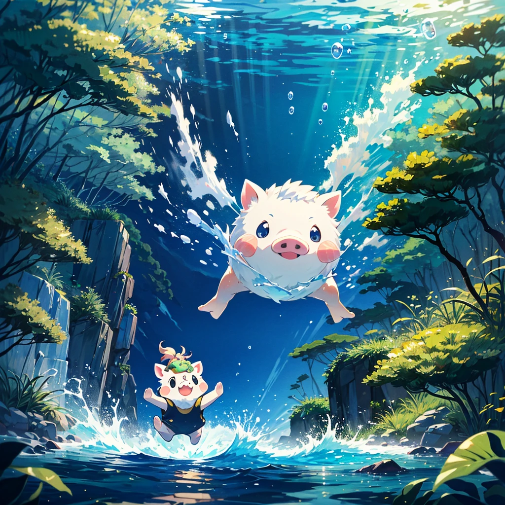 {{{Masterpiece, highest quality, high resolution background}}}, bright and beautiful atmosphere, 1 girl (, round face, baby face), small breasts, vast rice field and ripe rice ears, girl with many rice ears, A mini-pig with a frog on its head, ``Deltamon_sdXL'' :0.73)>Deltamon'' A mini-pig swimming energetically in the sea approaches.