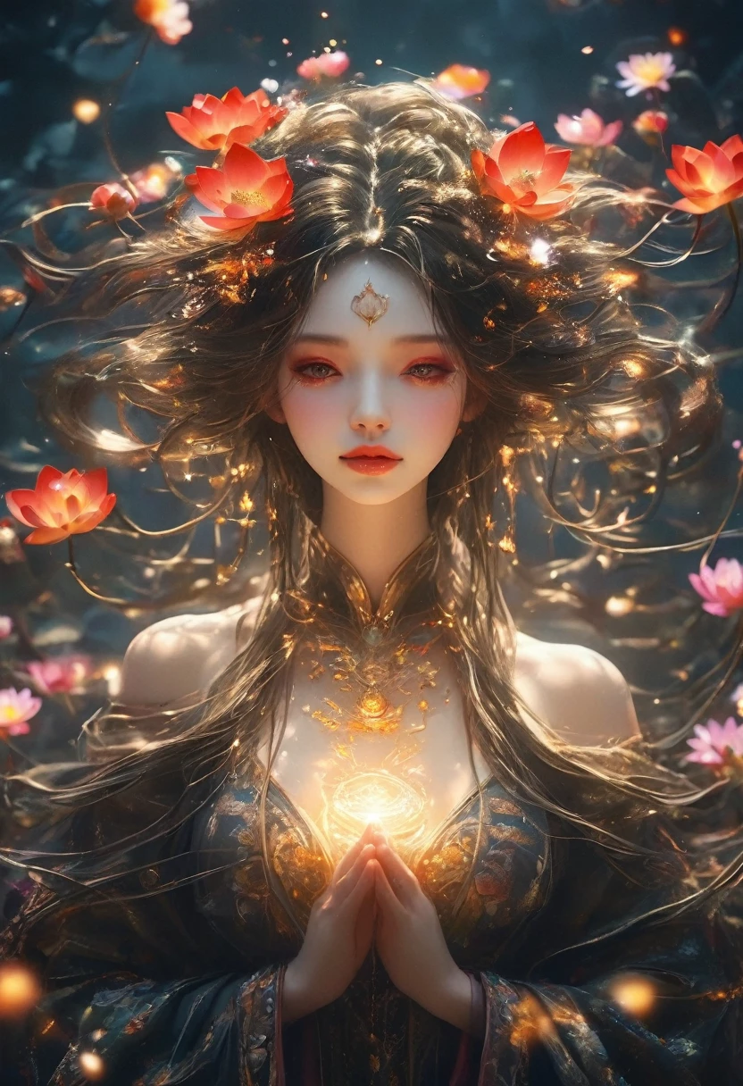 Ultra wide angle,Lotus pose girl full body photography,Fineness face,Perfect hands, Filming, (Clear focus:1.5), (Reality:1.4), Dusk lighting, Volumetric Lighting, Ultra-high resolution,Dramatic Lighting, White background,(tangled,Mandala,dispute,Entanglement), Fox Demon,Fox Mask,short jacket, Foxfire Curse, fox family, Transformation, Depth of Field, Dreamy atmosphere, The most beautiful chaos, grace, Brutalist Design Dark Theme, Flower of Death, Flowers of ecstasy,Glowing Line,Glow Example,Tracking Example,flash, Backlight,translucent,Light Particles