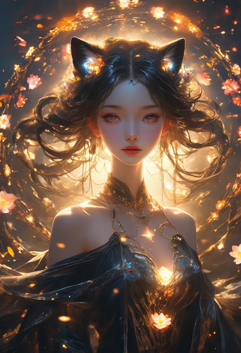 Ultra wide angle,Lotus pose girl full body photography,Fineness face,Perfect hands, Filming, (Clear focus:1.5), (Reality:1.4), Dusk lighting, Volumetric Lighting, Ultra-high resolution,Dramatic Lighting, White background,(tangled,Mandala,dispute,Entanglement), Fox Demon,Fox Mask,short jacket, Foxfire Curse, fox family, Transformation, Depth of Field, Dreamy atmosphere, The most beautiful chaos, grace, Brutalist Design Dark Theme, Flower of Death, Flowers of ecstasy,Glowing Line,Glow Example,Tracking Example,flash, Backlight,translucent,Light Particles
