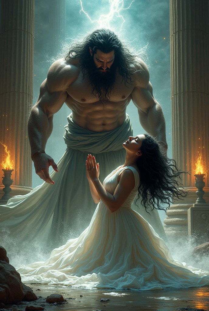 Poseidon god of ocen try to rape from back the Beautiful priestress of temple of olympus wearing white long gawn beautiful blak hair praying on knees in the temple