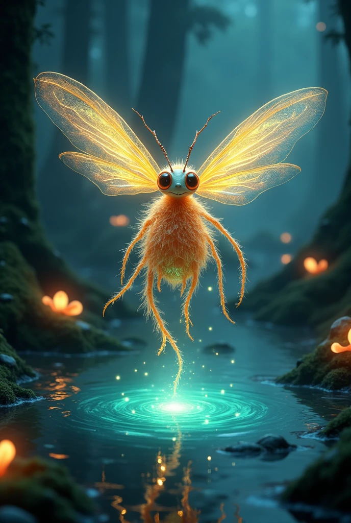 A stunning chimeric cutie creature, lovely big eyes, half insect, half flower, emerges from a bioluminescent pond in an enchanted forest. Its translucent wings, veined with gold, glow with the light of fireflies. Its body, covered in iridescent petals, curves in a graceful dance. Luminous roots intertwine with its limbs, connecting it to the earth. The background is a dark and mysterious forest, with ancient trees and bioluminescent fungi