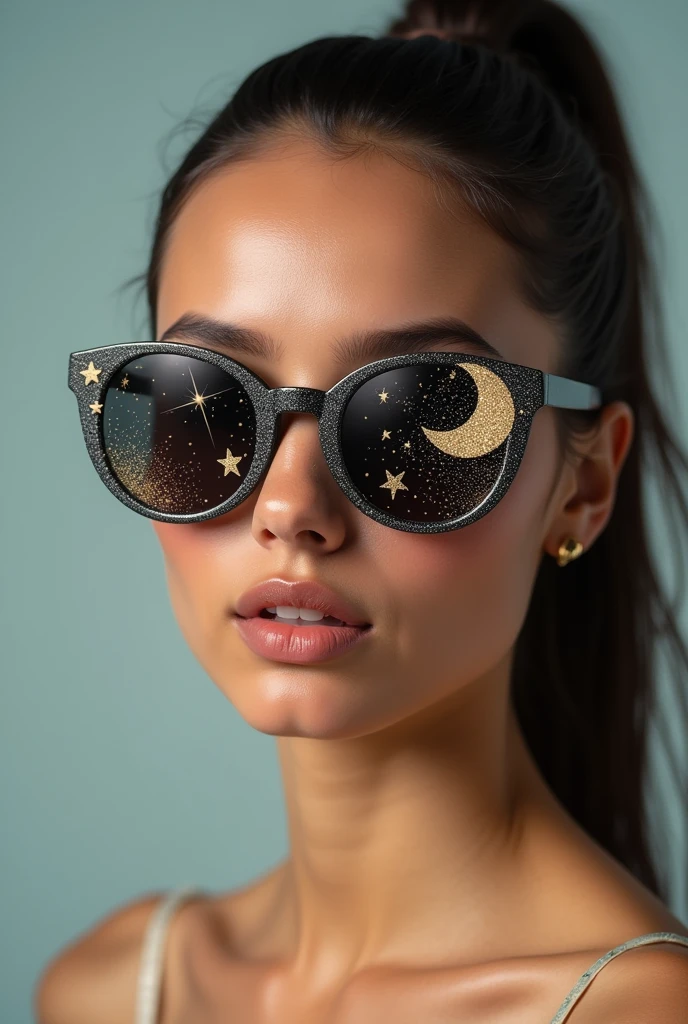 The model is wearing glass sunglasses with stars and the moon on the glass