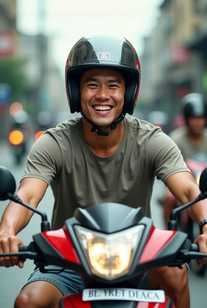 A young Thai man rides a motorcycle with a smile on his face and a helmet on his head.