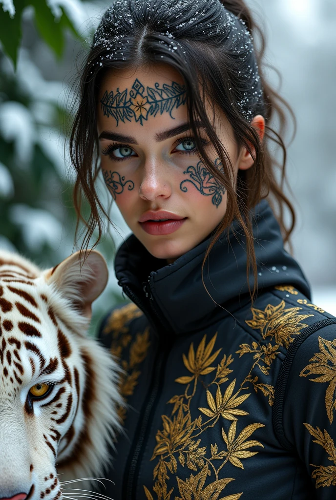 Visual manicquiin woman face tatto wearing a tight black spandex jacket covered with a gold leaf tattoo embroidery design accompanied by a white tiger staring intently in the snow photograph 8k hd ultra realistic contrast color sitting green leaves