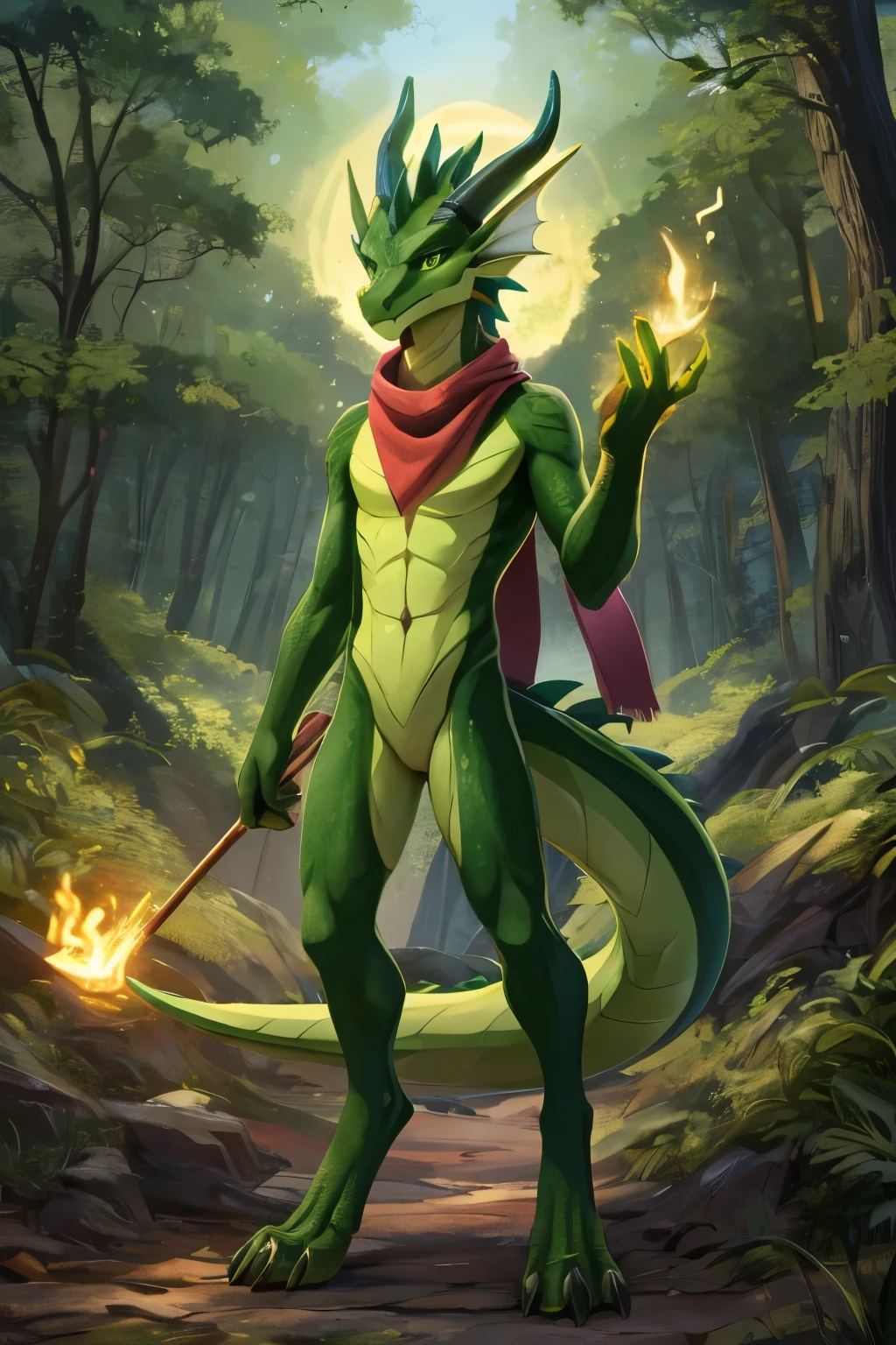 (anime), (front facing), (looking at the camera), slim furry green and lime dragon using old magic, green main body color, smooth skin, very long muzzle, neck and tail fur, digitigrade, creative horns, feathers, gradients, (wearing only a scarf), nature background, full body