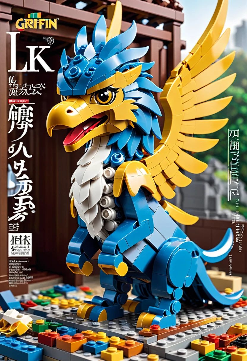 Magazine cover,best quality, very good, 16K, ridiculous, Very detailed, ((Griffin)),Made of Lego,