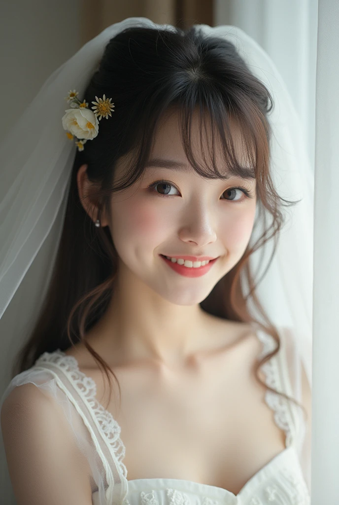 Realな写真、、Japanese high school girl、((whole body))、((photo:1.4、Wedding dress:1.3、church:1.4、Straight Hair:1.4、))、cute、bangs、Detailed face and body、((photoReal:1.5))、Natural lighting、High resolution、photoリアリスティック、(Highest quality、8k、High resolution、masterpiece:1.2)、Super detailed、(Real、photoリアリスティック、photoリアリスティック:1.37)、Realな肌の質感、Detailed eyes and lips、Beautifully detailed face、Long eyelashes、Smooth Skin、Slim figure、cute、smile、Young、、NSFW、