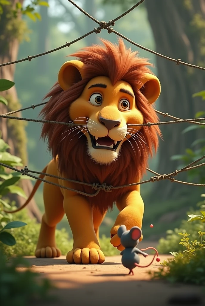 in Cinematic 3d cartoon style "• Mouse to the Rescue: The mouse arriving at the trapped lion and gnawing at the net to free him.