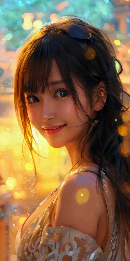 (masterpiece, Highest quality,real style:1.1), (8k, RAW Photos, Photo Real:1.2, f22), (Shiny skin), Detailed skin, Detailed face, smilee,Fine grain,Long Hair, BREAK, Real World, (Super detailed, Cleavage), Intricate details, smile, One girl, (shirt)、 (Overseas tourist attractions:1.4),Big Breasts