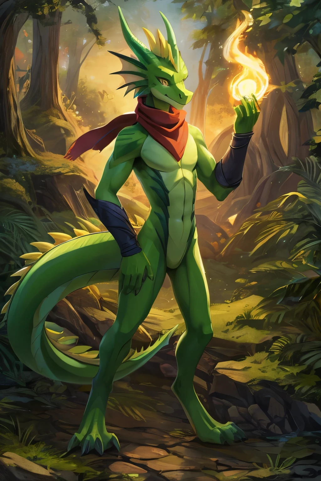 (anime), (front facing), (looking at the camera), slim furry green and lime dragon using old magic, green main body color, smooth skin, very long muzzle, neck and tail fur, digitigrade, creative horns, feathers, gradients, (wearing only a scarf), nature background, full body