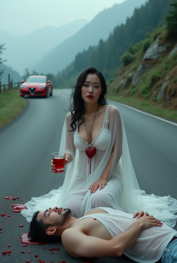 A 30 year's old woman big boobs in  in white ghost dress
She is  on mountain  
A car is coming  from 
dangerous road 
She is setting on road 
And eating human heart and drinking blood in white class
In His dress triming blood so much 
Front a new model  red car
Her face looking clear
 A young man  body 
Close of her  right side  
 man body running blood 
