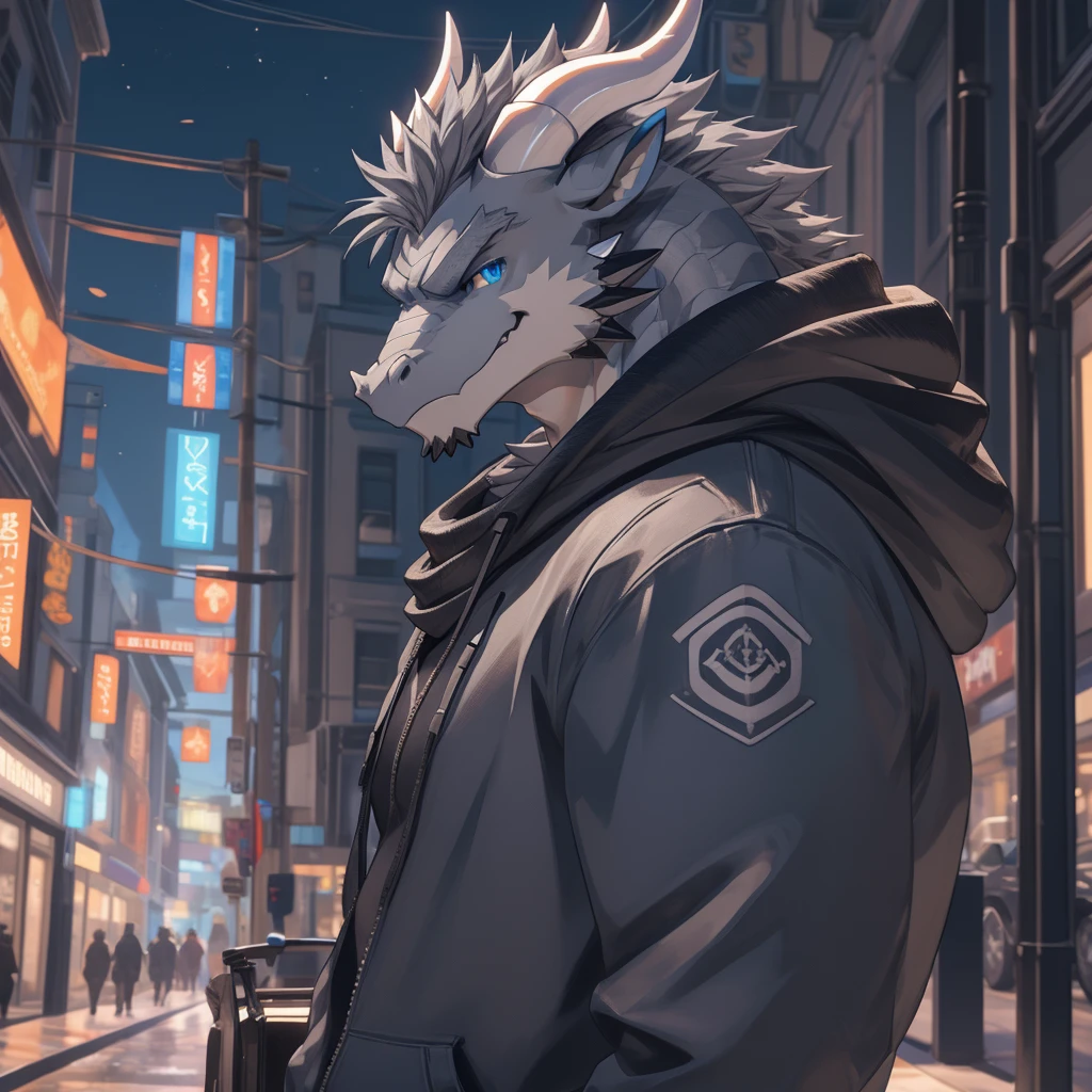 Masterpiece, Solo, (Grey dragon, blue eyes, Medium grey hair, a pair of white horn), Muscular Body, Handsome, Good Looking, Adult, Fierce, Smirking, Grey Shirt, Jean, Hoodie, Furry Street Background.