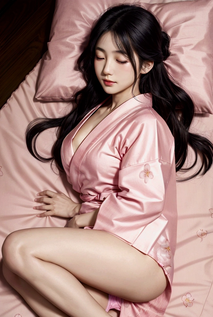 Japanese woman, real, pink yukata with cherry blossoms on it, string panties only, first time, sleeping on a futon, cute, light makeup, long black hair, naked