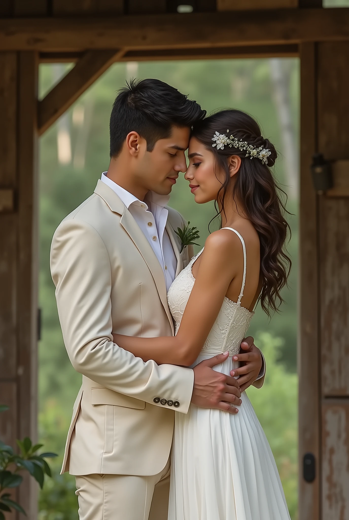 White dress couple in front view background wood