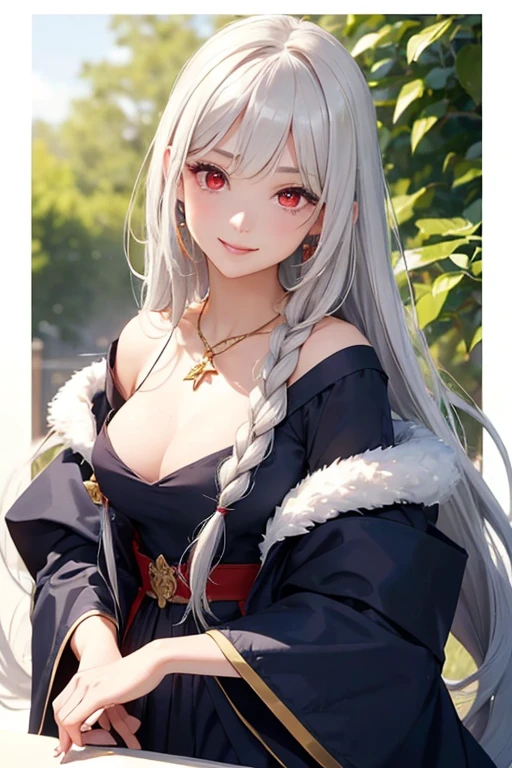 (Highest quality, masterpiece:1.2), High resolution, The highest masterpiece、Very detailed, Realistic:1.37, Fantasy, An illustration,Gray Hair、 ((Fiery red eyes)).Queen, Navy and blue dress、beautifully、Eyeshadow Red、Thick eyebrows、Long eyelashes、pupils are black、shiny on the lips、Top Sites、Queen、Princess、A kind smile、Soft impression、people々々々々Loved by、Slimming the face、Shoulder Bare、ponytail、Kissing Face、(Long white hair).Shaggy Bangs、(Save face image).(Training camp)、(A kind smile)、(Background white)、(Gold Necklace).