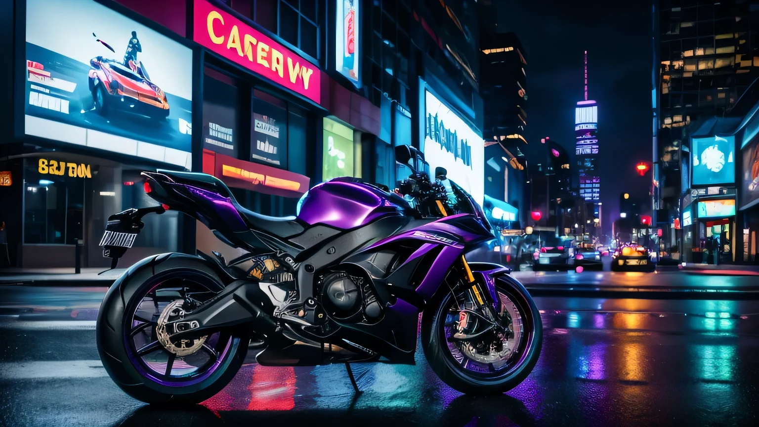 a motorcycle parked on a night street of a modern city, neon lighting in purple tones, photorealism, detailed description, hyper realistic, 8k, best quality, highly detailed, cinematic lighting, dramatic atmosphere, glossy surfaces, glowing neon lights, urban environment, city skyline, skyscrapers in the background, reflections on wet pavement, motion blur, depth of field, vibrant colors, dramatic shadows, moody lighting