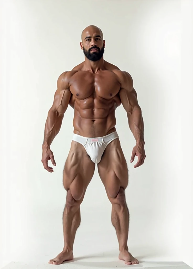 Ultra realistic and hyper detailed 8K photography of a 40 year old Spanish man, he is muscular and self confident, with a powerful build and a perfectly shaved head, standing centered and completely visible from head to toe in the frame. The man is facing forward very sensual, seductive, captivating with a sensually desirous expression, with his arms relaxed and hands hanging naturally at his sides, displaying a harmonious physique. He is completely naked except for a white patent leather jockstrap without any visible brand or name, it is shiny with a sleek and sexy design that subtly reveals an impressive XXXL bulge, emphasizing his enormous attributes. The lighting is perfectly balanced to ensure that his entire face is evenly lit, allowing every detail of his strong masculine features to be clearly seen, with no shadows obscuring the facial details. The lighting also enhances the contours and definition of his muscular form. His entire body is perfectly framed, with equal margins around the top and bottom to ensure that no part of the body, including the feet, is cut off. The background is a solid, neutral color ideal for a photo shoot, making it easy to remove for a transparent effect later on, and the ground in the background should follow the same tone as the rest, even if it is ground. The composition of the image follows the golden ratio, capturing the man's masculine beauty and his attractive pose with a perfect face, flawless hands, and eyes that convey intensity. Captured with a Nikon D850 camera and f/1.4 85mm lens, using advanced Physically Based Rendering (PBR) techniques for extreme realism. Masterfully finished with precision post-processing to achieve maximum visual fidelity and striking detail, ensuring the ultimate in visual quality. Full Body (Masterpiece) (Ultra Best Quality) (Ultra Realistic) (Full Body) (Broad Shoulders) (Detailed Chest Muscles with Hair) (Uniform Lighting) (Sharp Focus) (Realistic Skin Texture)(Perfect Look and Face)