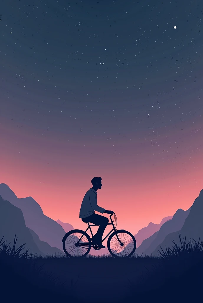 lofi image of a man riding bike left to right with purple and blue starry sky through and mountains in background 