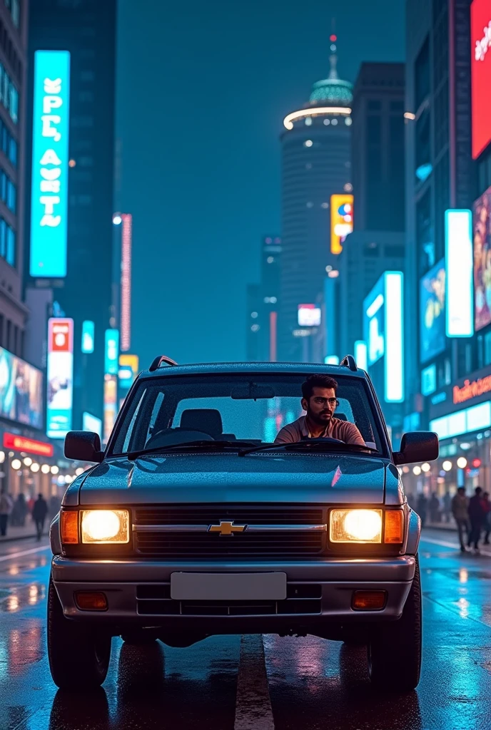 Indian traveller car Chevrolet tavera with down town background at night with blue neon lights car model 2005