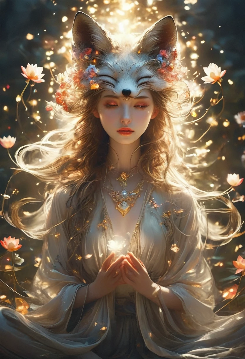 Ultra wide angle,Full body portrait,Lotus pose girl full body photography,Fineness face,Perfect hands,Aesthetic, Filming, (Clear focus:1.5), (Reality:1.4), Dusk lighting, Volumetric Lighting, Ultra-high resolution,Dramatic Lighting, White background,(tangled,Mandala,dispute,Entanglement), Fox Demon,Fox Mask,short jacket, Foxfire Curse, fox family, Transformation, Depth of Field, Dreamy atmosphere, The most beautiful chaos, grace, Brutalist Design Dark Theme, Flower of Death, Flowers of ecstasy,Glowing Line,Glow Example,Tracking Example,flash, Backlight,translucent,Light Particles