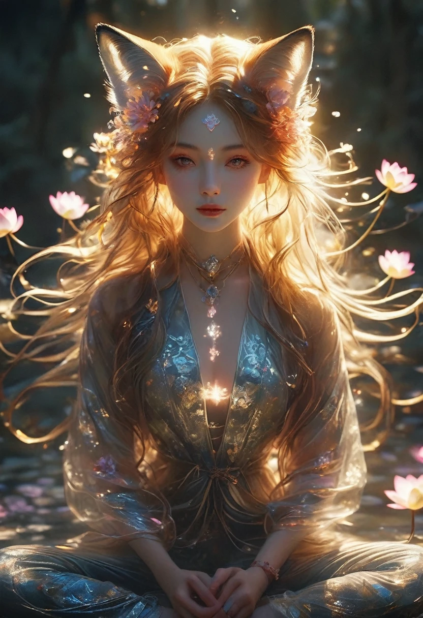 Ultra wide angle,Full body portrait,Lotus pose girl full body photography,Fineness face,Perfect hands,Aesthetic, Filming, (Clear focus:1.5), (Reality:1.4), Dusk lighting, Volumetric Lighting, Ultra-high resolution,Dramatic Lighting, White background,(tangled,Mandala,dispute,Entanglement), Fox Demon,Fox Mask,short jacket, Foxfire Curse, fox family, Transformation, Depth of Field, Dreamy atmosphere, The most beautiful chaos, grace, Brutalist Design Dark Theme, Flower of Death, Flowers of ecstasy,Glowing Line,Glow Example,Tracking Example,flash, Backlight,translucent,Light Particles