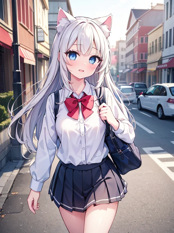 1girl, high school girl, cute white cat girl, cat ears, blue eyes, laugh, school uniform, white collared shirt, {black pleated skirt}, red bow tie, holding a school bag, walking on a residential street, cowboy shot, September, sunny, outdoor, (best quality, 4k, 8k, highres,masterpiece:1.2), ultra-detailed, (realistic, photo-realistic:1.37), beautiful detailed eyes, beautiful detailed lips, extremely detailed eyes and face, longeyelashes, intricate details, vivid colors, warm lighting, soft focus, shallow depth of field,